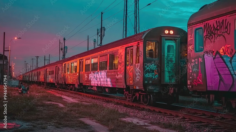 Obraz premium A Grafitti-Covered Train at Twilight