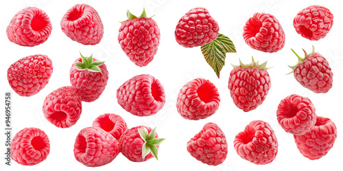 Collection of fresh raspberries in various forms isolated on transparent background