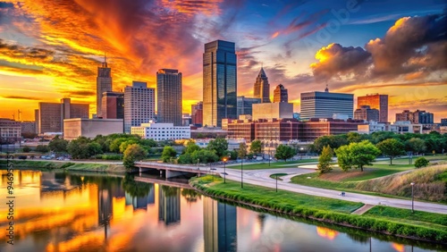 Sunset casts a warm glow on Omaha's vibrant skyline, featuring towering corporate buildings, historic landmarks, and the Missouri River along the Nebraska-Iowa border. photo