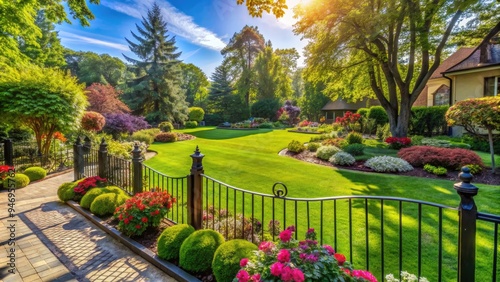 Sunny afternoon scene with lush green lawn, vibrant flowerbeds, and a inviting stone patio surrounded by ornate iron railings and mature trees. photo