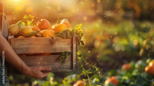 Hands of a farmer presenting a wooden box filled with vegetables. Reflecting natural farming .Slow food.