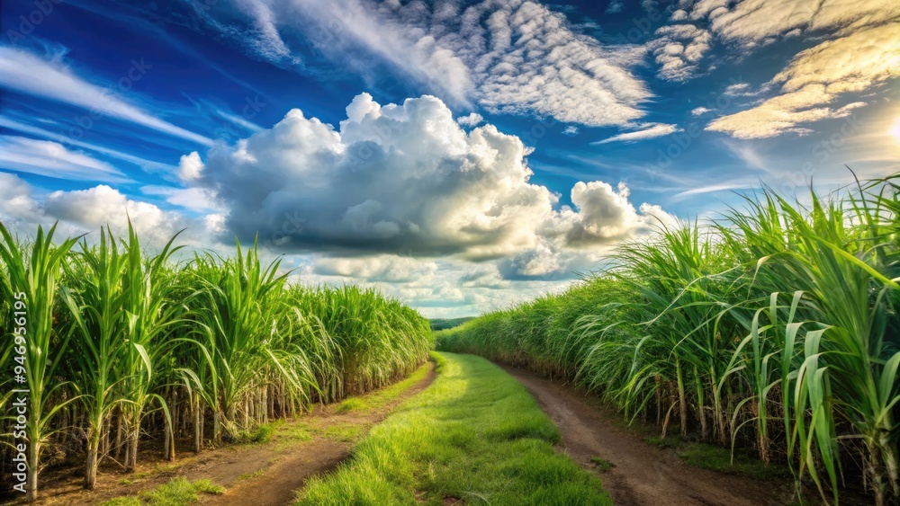 Tall, swaying sugarcane plants stretch towards the sky, filling the lush green field under a warm, sunny day with fluffy white clouds. Tall, swaying sugarcane plants stretch towards the sky, filling the lush green field under a warm, sunny day with fluffy white clouds.