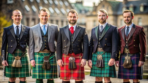 Tall, proud men wearing traditional tartan kilts, sporran, and formal jackets stand together, exuding confidence and cultural heritage, set against a blurred backgrounds. photo