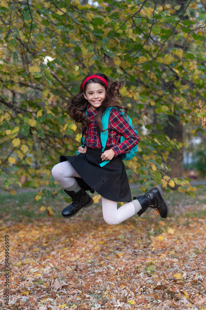 Back to school. Autumn girl jump with school bag. Teen girl in jump autumn park outdoor. Autumn study sale. Knowledge and education. School education. Student life. Autumn sale discount Back to school. Autumn girl jump with school bag. Teen girl in jump autumn park outdoor. Autumn study sale. Knowledge and education. School education. Student life. Autumn sale discount