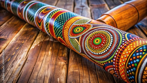 Traditional intricate patterns and vibrant colors adorn a hand-painted didgeridoo, symbolizing the rich cultural heritage and spiritual connections of Australia's indigenous Aboriginal people. photo