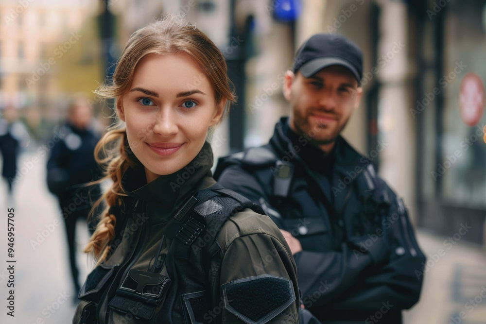 Team, security guard or safety officer portrait on the street for protection, patrol or watch. Law enforcement, smile and duty with a crime prevention unit man and woman in uniform in the city Team, security guard or safety officer portrait on the street for protection, patrol or watch. Law enforcement, smile and duty with a crime prevention unit man and woman in uniform in the city