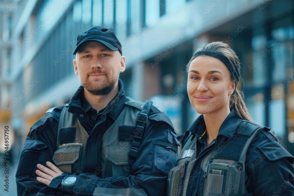Fototapeta premium Team, security guard or safety officer portrait on the street for protection, patrol or watch. Law enforcement, smile and duty with a crime prevention unit man and woman in uniform in the city