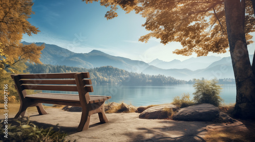 A wooden bench is placed by a lake, with mountains in the background