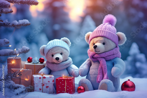 Two teddy bears are sitting in the snow with a red box in front of them