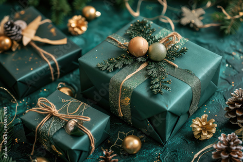 A green box with a gold ribbon and a gold ball on top of it