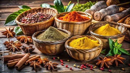 Vibrant arrangement of exotic Asian spices, including turmeric, ginger, and star anise, on a rustic wooden table surrounded by woven baskets and natural fabrics. photo