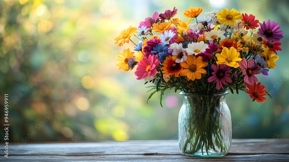 A vase filled with colorful, mismatched flowers, each petal unique, symbolizing the beauty of diversity and acceptance, placed on a rustic wooden table A vase filled with colorful, mismatched flowers, each petal unique, symbolizing the beauty of diversity and acceptance, placed on a rustic wooden table