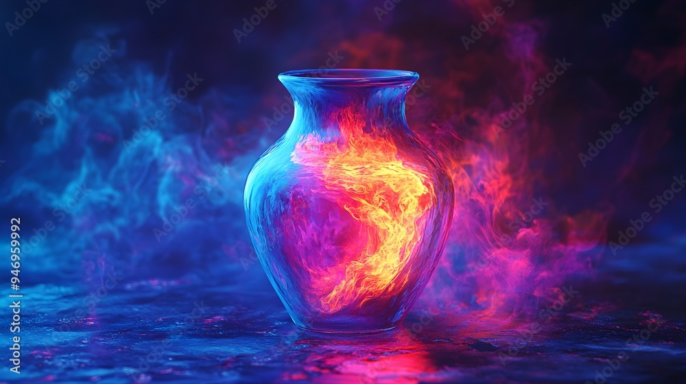 A vase in constant motion, appearing to melt and reform, filled with neon-colored liquid that glows from within, surrounded by a dark, abstract background A vase in constant motion, appearing to melt and reform, filled with neon-colored liquid that glows from within, surrounded by a dark, abstract background