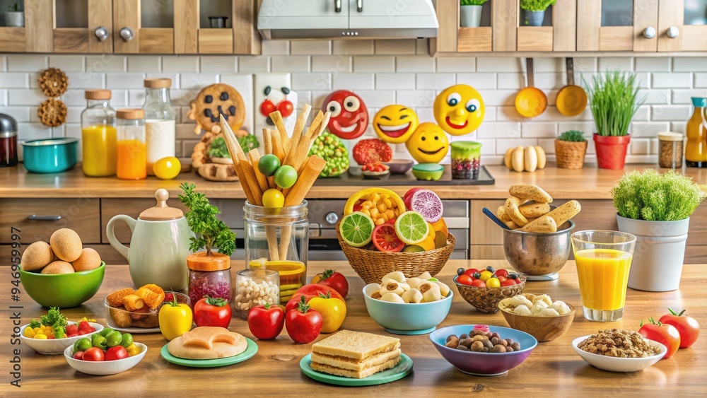 Vibrant arrangement of universal food symbols, including utensils and emoji-inspired icons, surround a colorful array of packaged snacks and drinks on a modern kitchen counter. Vibrant arrangement of universal food symbols, including utensils and emoji-inspired icons, surround a colorful array of packaged snacks and drinks on a modern kitchen counter.
