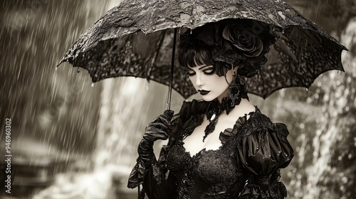 Gothic Elegance in the Rain: A woman in a black lace dress and gloves stands under a black umbrella in the rain. She looks down, her expression melancholic, creating a sense of mystery and intrigue. H