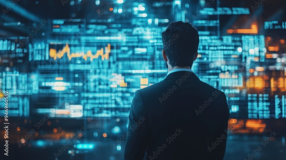 Man in Suit Facing Wall of Blue and Orange Data Man in Suit Facing Wall of Blue and Orange Data