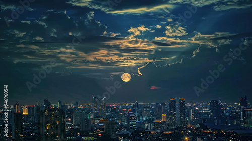 moon in the clouds looks like a dragonâ€™s eye over the Bangkok city