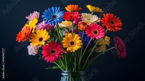 A vase with a chaotic arrangement of bright, mismatched flowers, symbolizing diversity and acceptance, against a dark background to emphasize contrast photo