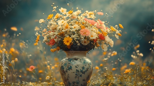 A vintage vase spilling over with wildflowers, symbolizing the uncontrolled abundance and emotional depth of nature's prosperity photo