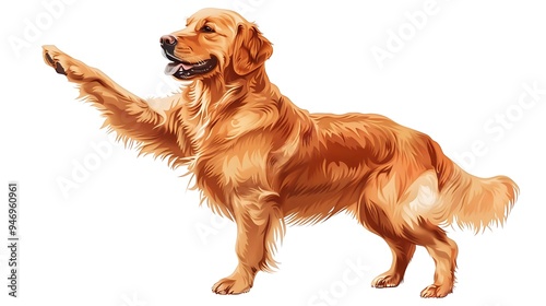 A golden retriever standing with one paw raised, showcasing a friendly and playful demeanor.