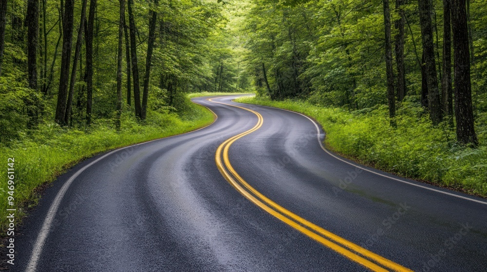 Winding Asphalt Road Through a Lush Green Forest Winding Asphalt Road Through a Lush Green Forest
