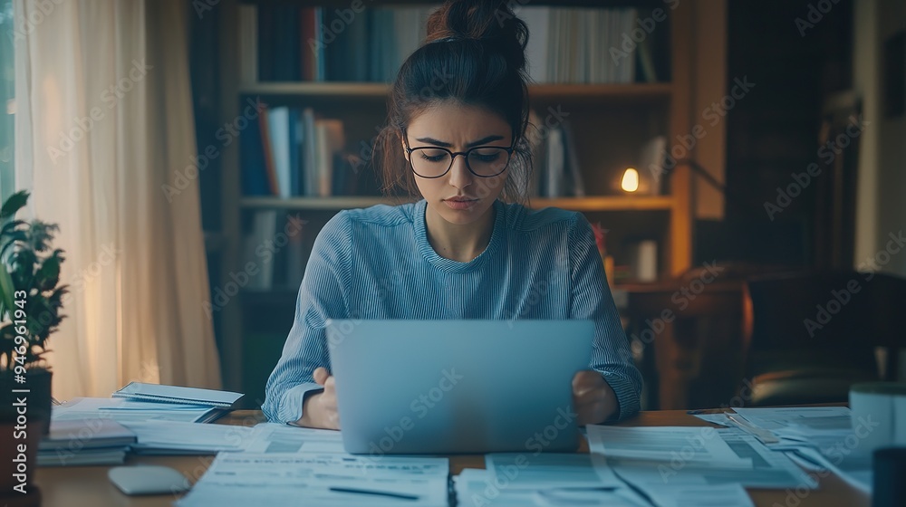 A business person working intently at a desk, surrounded by documents and a laptop, with a serious expression focused on a spreadsheet A business person working intently at a desk, surrounded by documents and a laptop, with a serious expression focused on a spreadsheet