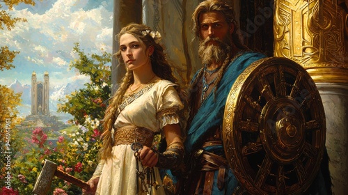 An elegant depiction of Frigg with her husband Odin, standing at the entrance to Asgard. She holds a spinning wheel and a bundle of keys, symbolizing her role as the protector of the home and photo