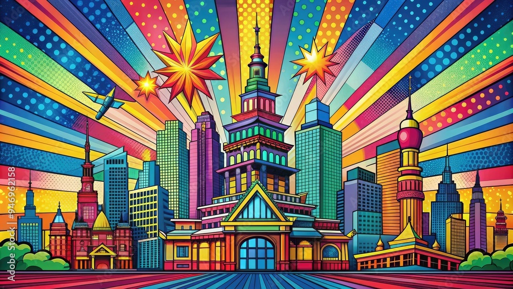 Vibrant, bold, and intricately detailed pop art illustration of iconic city landmark, bursting with color and energy, set against a dynamic geometric background. Vibrant, bold, and intricately detailed pop art illustration of iconic city landmark, bursting with color and energy, set against a dynamic geometric background.