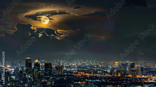 moon in the clouds looks like a dragonâ€™s eye over the Bangkok city