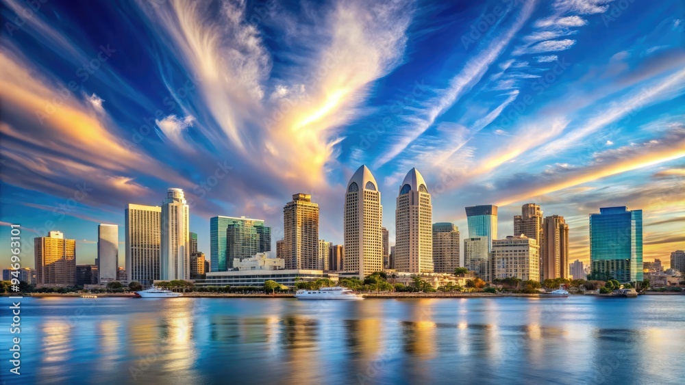 Vibrant cityscape of San Diego's downtown skyline set against a breathtaking backdrop of wispy clouds drifting across a brilliant blue afternoon sky. Vibrant cityscape of San Diego's downtown skyline set against a breathtaking backdrop of wispy clouds drifting across a brilliant blue afternoon sky.