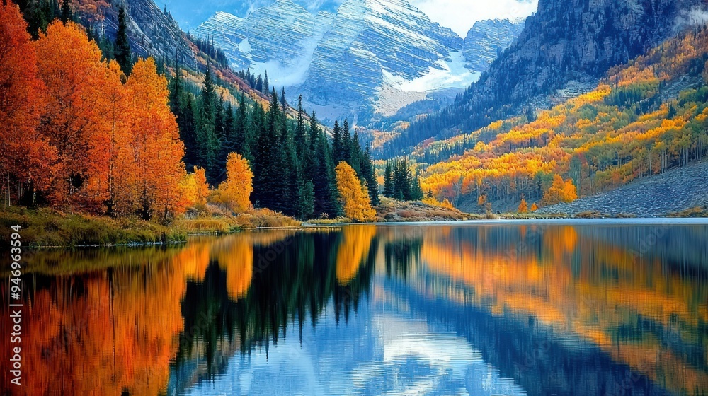 Fototapeta premium Autumnal Forest and Mountains Reflected in Still Water