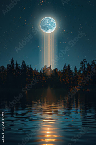 a realistic and very peaceful photo of a beautiful white glowing full moon shining in the dark night