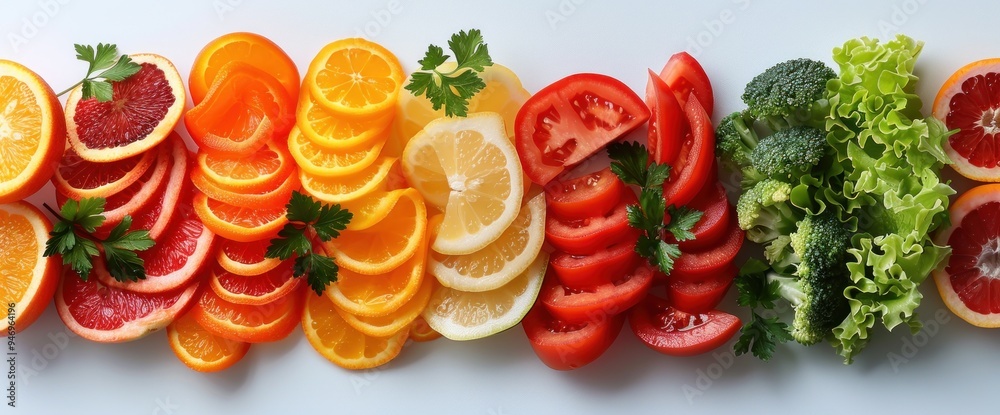 Sliced fruits and vegetables forming a scale with a measuring tape Sliced fruits and vegetables forming a scale with a measuring tape
