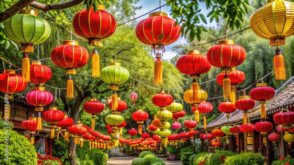 Obraz premium Vibrant colors adorn traditional Chinese lanterns, banners, and decorations amidst lush greenery, capturing the festive atmosphere of Qingming Festival celebrations in a serene natural setting.