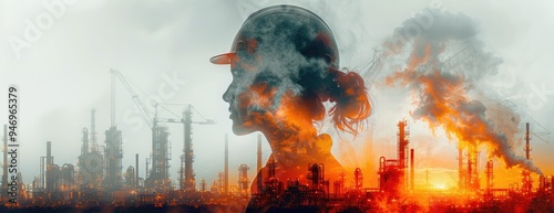 Double exposure of a construction worker and industrial plant on white background, silhouette of an engineer in front of a factory with cranes and buildings.