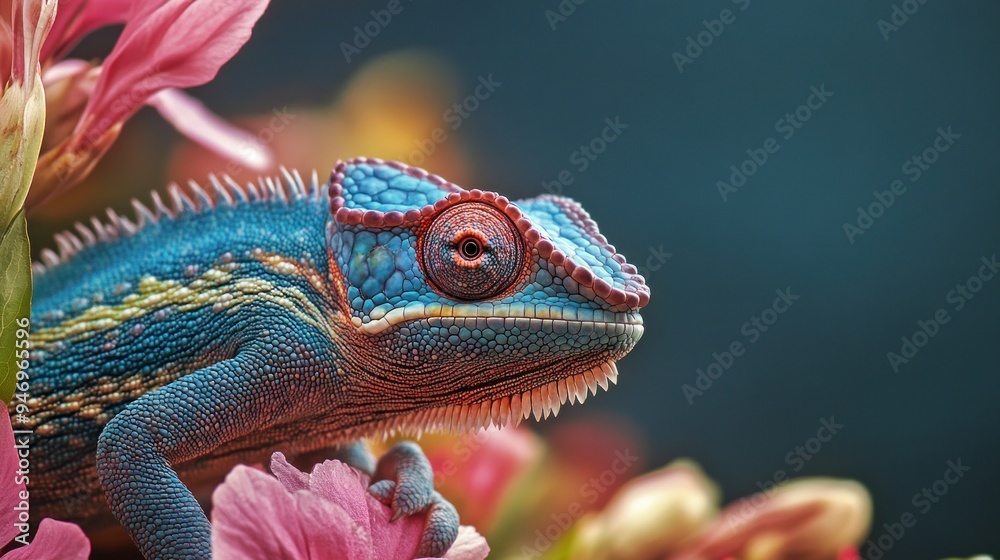 A Close-Up of a Blue Chameleon with an Orange Eye Resting on Pink Flowers A Close-Up of a Blue Chameleon with an Orange Eye Resting on Pink Flowers
