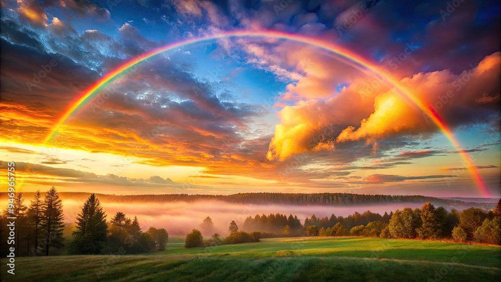 Vibrant colors arc across a misty sky, showcasing a stunning natural rainbow stretching from horizon to horizon, illuminated by soft, warm sunlight. Vibrant colors arc across a misty sky, showcasing a stunning natural rainbow stretching from horizon to horizon, illuminated by soft, warm sunlight.