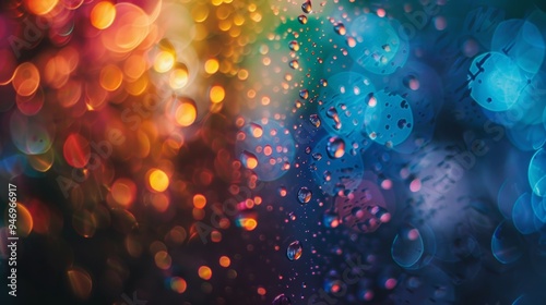 A vibrant abstract image featuring colorful bokeh lights and water droplets, creating a visually stunning, dynamic background..