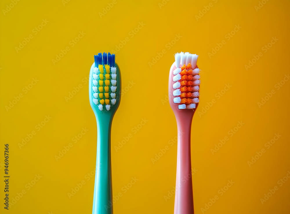 Colorful Toothbrushes on Yellow Background Colorful Toothbrushes on Yellow Background