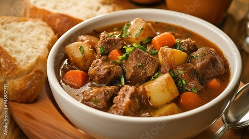 A bowl of hearty beef stew with tender chunks of meat, potatoes, and carrots, served with a side of crusty bread