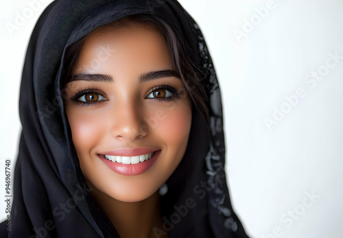 Beautiful Muslim Woman in Black Hijab with Lace Smiling