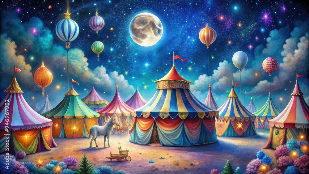 Vibrant, dreamlike depiction of a magical circus scene, featuring colorful tents, twinkling stars, and whimsical animals, set against a starry, moonlit night sky. Vibrant, dreamlike depiction of a magical circus scene, featuring colorful tents, twinkling stars, and whimsical animals, set against a starry, moonlit night sky.
