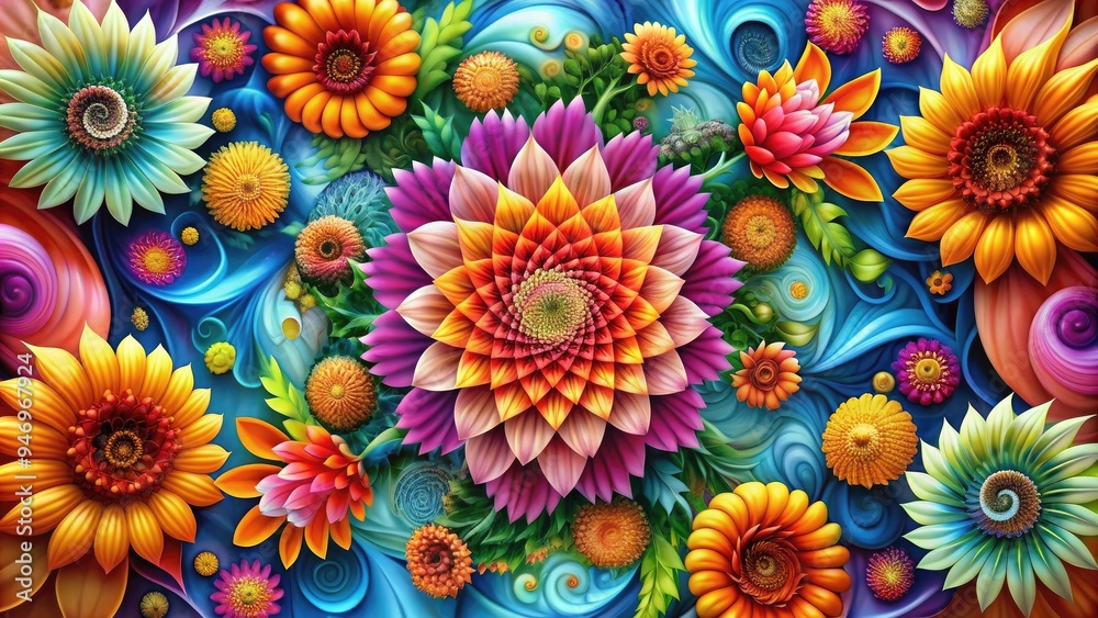 Vibrant, dreamlike floral patterns swirl together in a kaleidoscope of colors, blending realistic blooms with fantastical, curved lines and shapes in a mesmerizing visual odyssey.