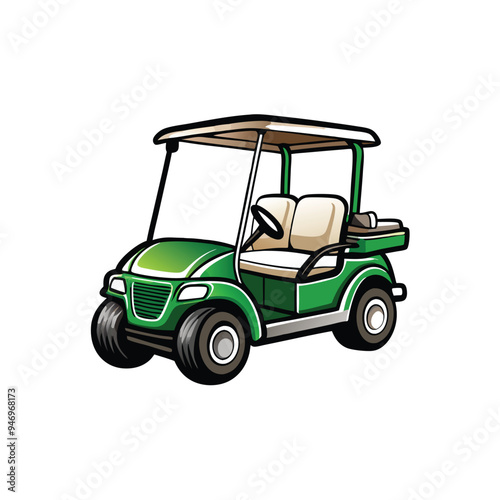 Create a realistic vector illustration of a green golf cart parked on a white background.