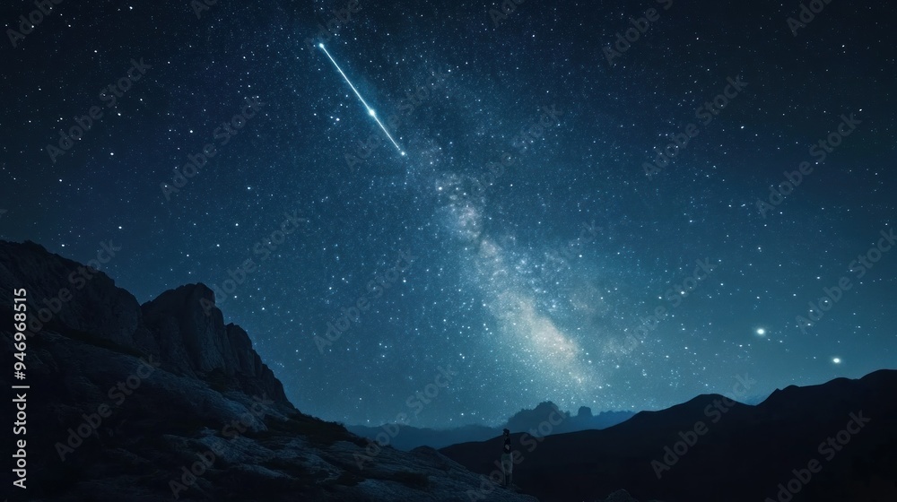 Solitary Figure Gazing at the Milky Way and a Shooting Star Above Mountainous Landscape Solitary Figure Gazing at the Milky Way and a Shooting Star Above Mountainous Landscape