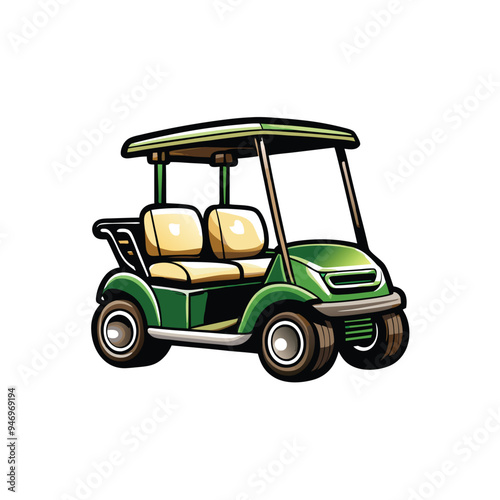 Create a realistic vector depiction of a golf cart parked on a white background.