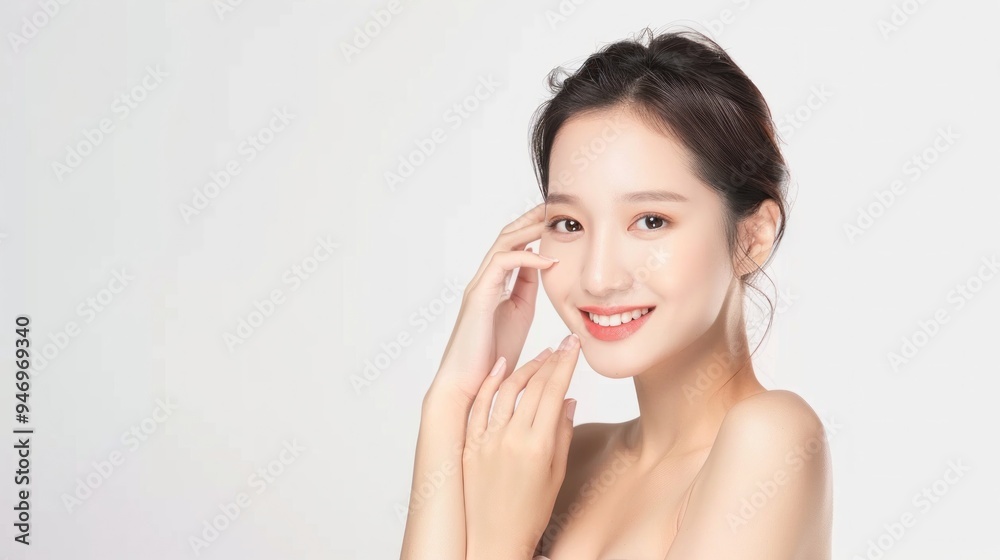 Skin care. Woman with beauty face touching healthy facial skin portrait. Beautiful smiling asian girl model with natural makeup touching glowing hydrated skin on white background closeup Skin care. Woman with beauty face touching healthy facial skin portrait. Beautiful smiling asian girl model with natural makeup touching glowing hydrated skin on white background closeup