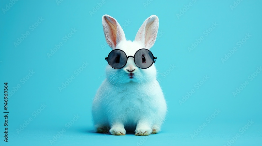A white rabbit wearing sunglasses on a blue background A white rabbit wearing sunglasses on a blue background
