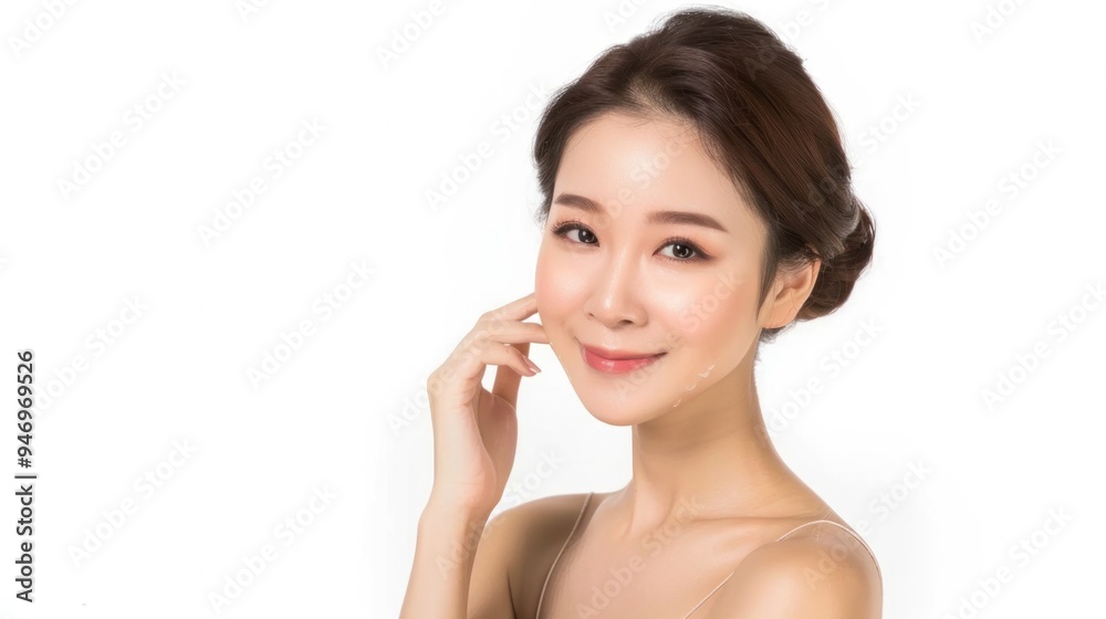 Skin care. Woman with beauty face touching healthy facial skin portrait. Beautiful smiling asian girl model with natural makeup touching glowing hydrated skin on white background closeup Skin care. Woman with beauty face touching healthy facial skin portrait. Beautiful smiling asian girl model with natural makeup touching glowing hydrated skin on white background closeup