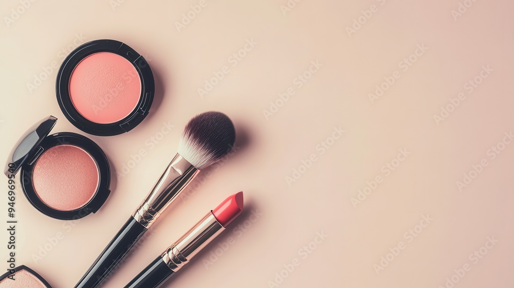 A simple setup features a lipstick, blush compact, and makeup brushes on a light background, perfect for daily beauty essentials. Generative AI A simple setup features a lipstick, blush compact, and makeup brushes on a light background, perfect for daily beauty essentials. Generative AI